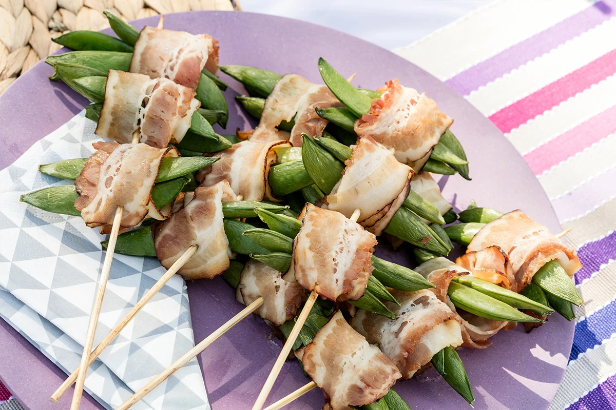 Sugar snaps rolled in bacon