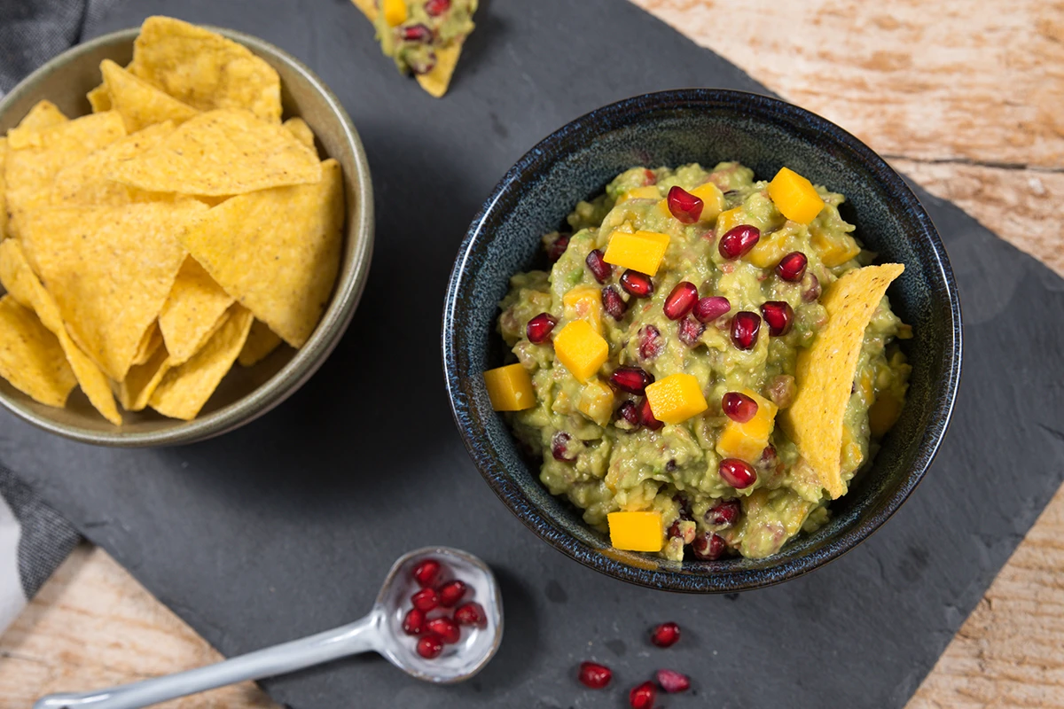 Guacamole with mango and pomegranate
